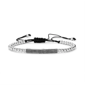 Bracelet à billes argentées avec barre en zircon noir et cordon tressé ajustable noir