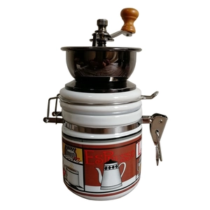 Manual coffee grinder with ceramic body, metal components and ergonomic wooden handle