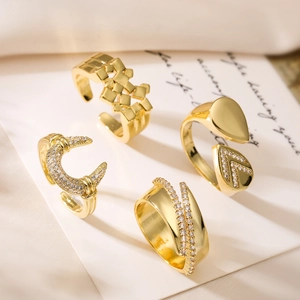 Geometric Braided Open Ring For Women Copper Real Gold Plated Zircon Inlaid Adjustable Minimalist Accessory