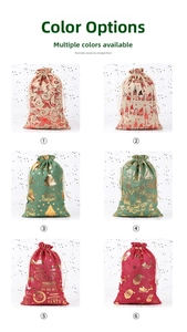 Detail of six festive Christmas burlap drawstring gift bags with gold foil patterns
