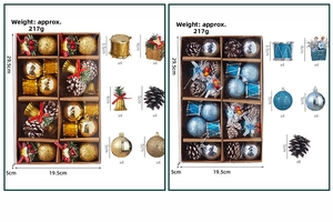 Detailed size chart for Christmas tree ornaments including baubles, drums and cones