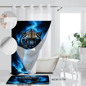 Detail showing non-slip waffle fabric texture and metal grommets on blue leopard shower curtain