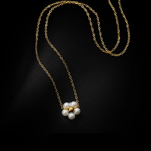 Flower Pendant Necklace 18K Gold Plated Titanium Steel White Faux Artificial Pearl Sweet Elegant Floral For Women