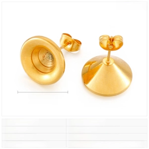 Macro view of gold stainless steel spiral trumpet earrings with technical specifications