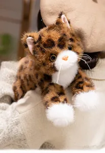 Close-up of lifelike plush cat toy featuring leopard spots and soft faux fur texture