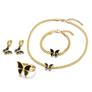 Elegant 18k gold plated butterfly jewelry set with black enamel detail in 4-piece kit
