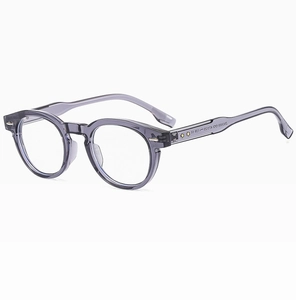 Detail view of transparent grey round frames showing CE mark and specifications on temple