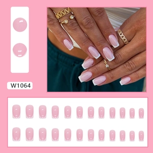 Pink gradient French press-on nails with white tips in medium short square shape