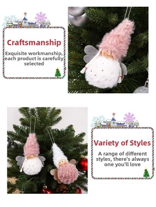Detail of plush angel Christmas tree ornament with golden glitter wings and white fur body