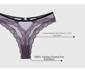 Detail view of purple lace thong with 100% cotton crotch and heart metal buckle