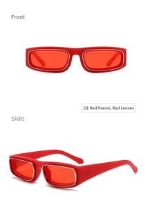 Detailed view of red narrow frame sunglasses with silver metal decor and retro cyber style