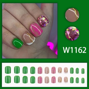 Green and pink leopard glitter press-on nails with 24 pieces of various sizes and designs