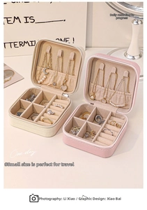 Detail of portable jewelry box with necklace hooks and multi-grid ring slots in soft velvet