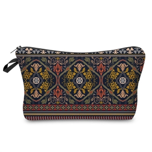 Detailed view of mandala floral cosmetic bag with zipper and convenient hand strap