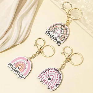 Wood Rainbow Keychain Golden Metal Mama Letter Leopard Print Heart Pendant Bag Charm Mothers Day Gift