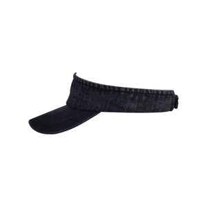 Detailed side view of black washed cotton sun visor with adjustable strap and stitching