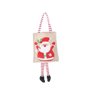 Christmas burlap gift bag with Santa Claus plush design and striped long legs