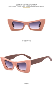 Dettaglio di occhiali da sole cat-eye rosa con stanghette caffè e lenti sfumate rosa grigio