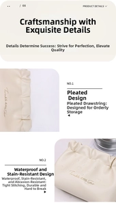 Detail of waterproof cream PU pouch showing pleated drawstring design and reinforced stitching