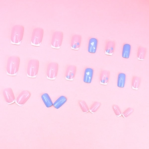 Pink heart French square press-on nails with sweet minimalist design 24pcs set