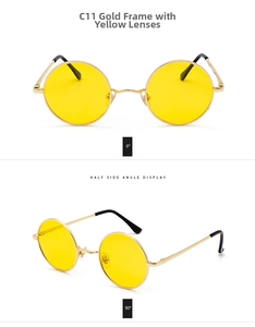 Detail display of retro round metal sunglasses with gold frame and yellow lenses