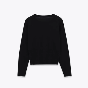 Classic black crewneck long sleeve knit cardigan with ribbed cuffs and hem for women