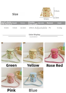 Size chart and dimensions for the cherry print mini bucket bag in five pastel colors