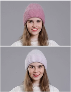 Detailed close-up of soft rabbit fur knit beanie in pink and lavender showing plush texture