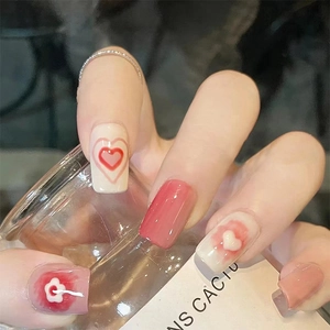 Press On Nails Pink White Heart Flower Sweet Cute Ins Style Detachable Glossy Square Round Fake Nails For Women