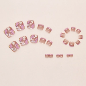 Detailed set of 24 press-on toenails featuring purple daisies and French tip designs