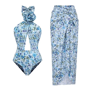 Floral cutout one-piece swimsuit with 3D flower decor and matching long wrap skirt set