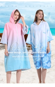 Macro shot of quick-dry hooded beach poncho robe with front zipper in blue wave pattern