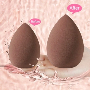 Macro view of brown teardrop makeup sponge showing size expansion before and after wetting