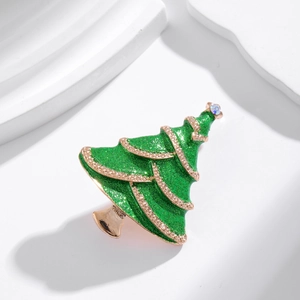 Green enamel Christmas tree brooch with rose gold trim and sparkling rhinestones