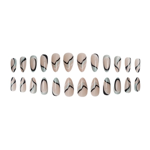 Almond fake nails with nude base and abstract black white blue wave line patterns