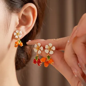 Enamel Flower Berry Drop Earrings Gold Plated Copper With Silver Earring Post Vintage Style Jewelry For Women
