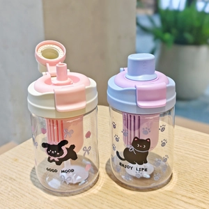 Portable cute cartoon plastic water bottles with tea filters and dual drinking straws