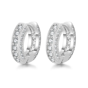 Close-up of silver-tone hoop earrings with double-row micro-pave cubic zirconia crystals