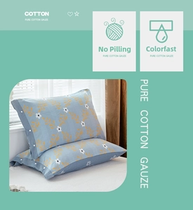 Detail view of floral pure cotton gauze pillowcase featuring white button closures