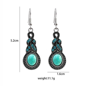Detail view of turquoise earrings with dimensions 5.2cm height and 1.6cm width