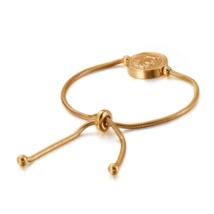 Adjustable gold snake chain bracelet featuring a queen embossed coin pendant on white background
