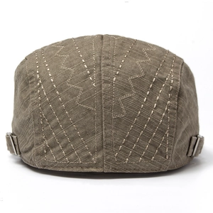 Vintage cotton beret cap in coffee brown with geometric embroidery and adjustable side buckle