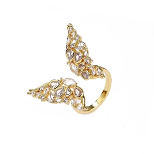 Gold plated butterfly open ring with micro-pave zircons in a minimalist stylish design