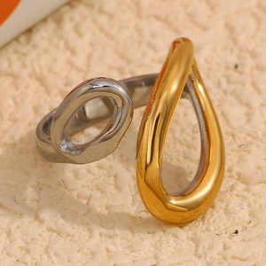 Bague Ouverte En Acier Inoxydable Plaquée Or 18K Bicolore Goutte D'eau Géométrique Asymétrique Bijoux Minimalistes Pour Femmes