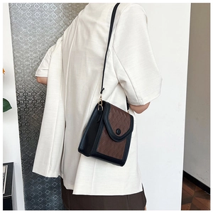 Détail du mini sac de téléphone pour femme en cuir bicolore avec boucle dorée élégante