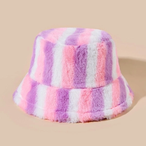 Winter plush bucket hat with pink and purple striped faux fur for women