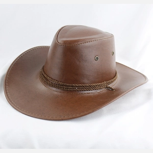 Chapeau de cowboy western classique en cuir marron foncé avec large bord et cordon tressé