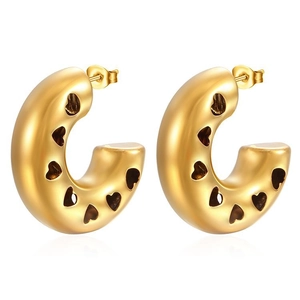 Minimalist 18K gold plated stainless steel C-shaped hoop earrings with hollow heart pattern