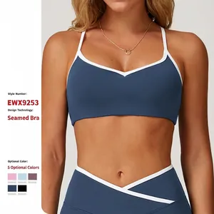 Damen Sport-BH mit Kontrastfarbe V-Ausschnitt Rückenfrei Yoga Fitness Top