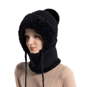Women's black knitted winter hood with faux fur pompom and integrated neck warmer